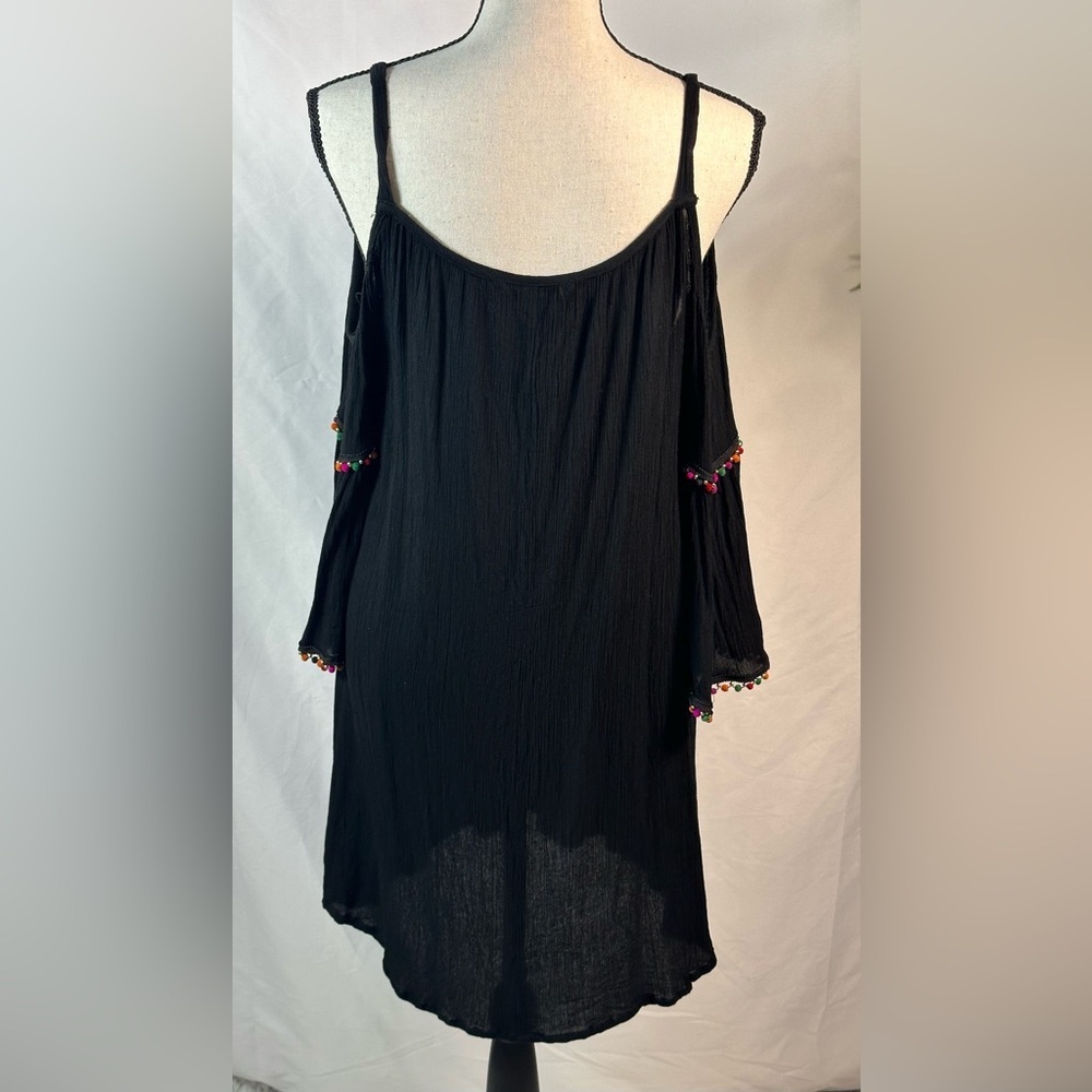 Black Cold Shoulder Dress with Pom-Pom Accents - Picture 3 of 11